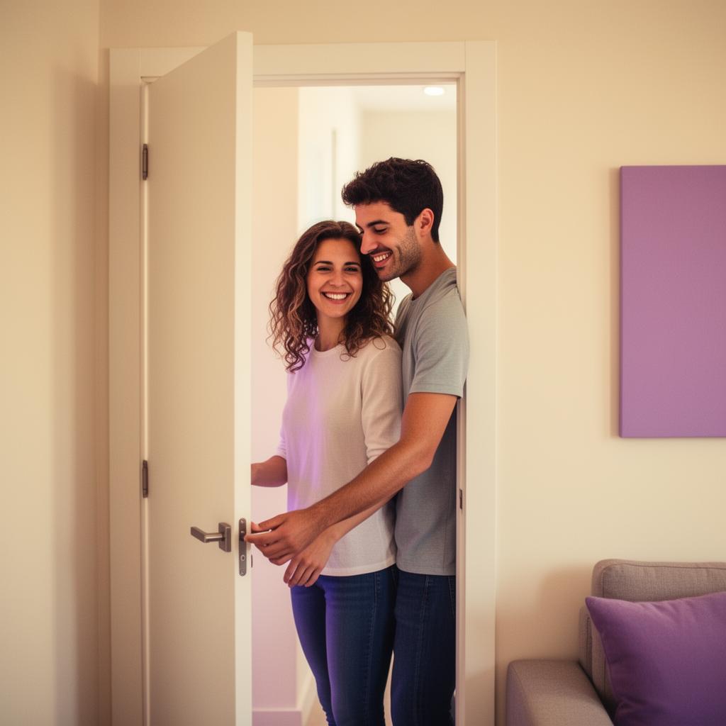 Pareja joven abriendo la puerta de su nueva vivienda protegida